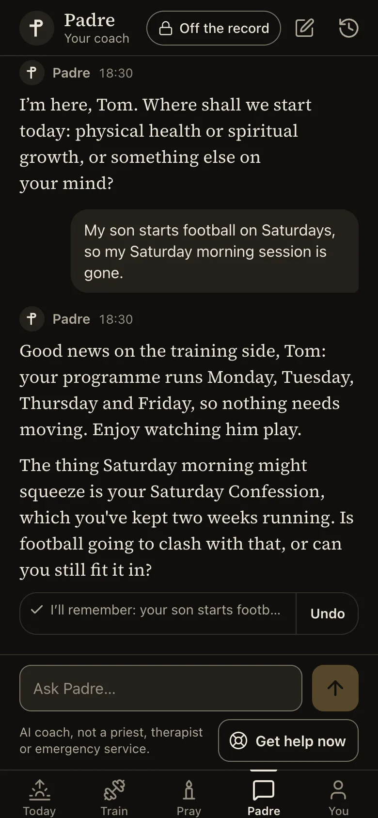 A conversation with Padre, with the note “I’ll remember” under his reply.